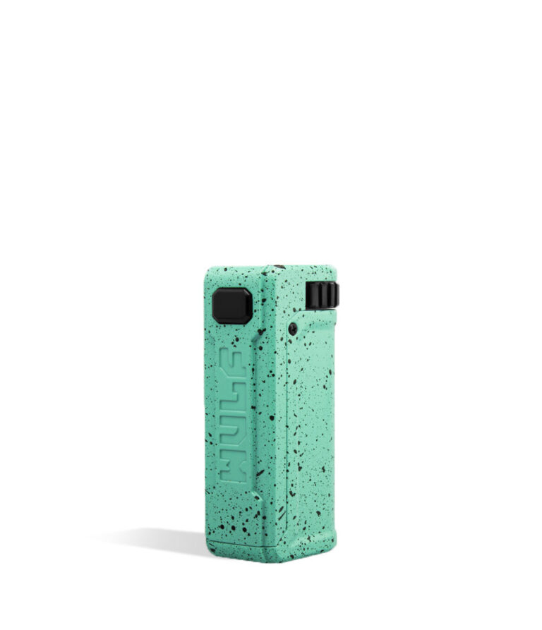 Teal Black Spatter back Wulf Mods UNI S Adjustable 510 Thread Battery on white background