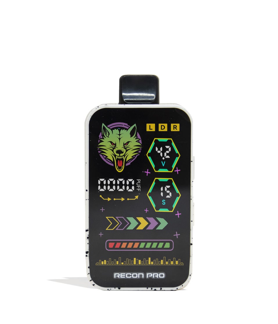 White Black Spatter Wulf Mods Recon Pro Dual 510 Voltage Battery 9pk Front View on White Background