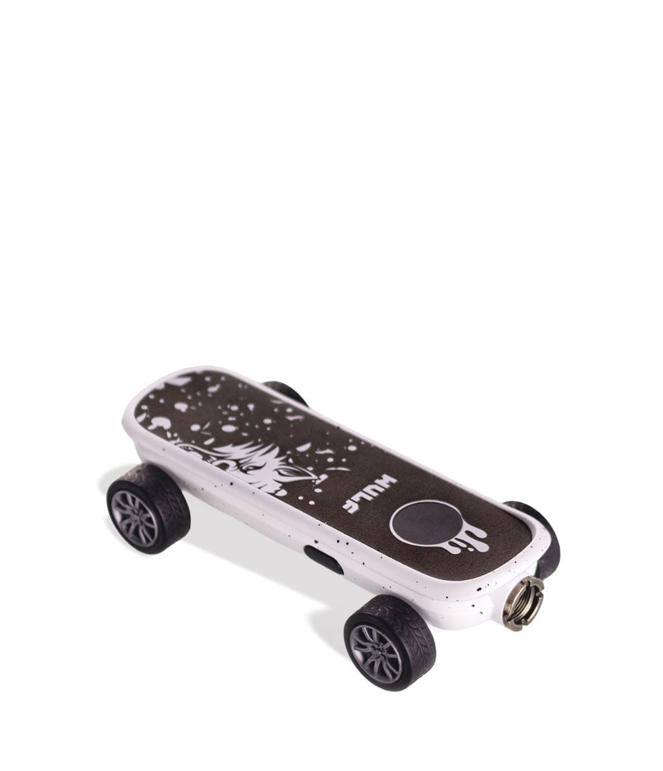 White Black Spatter Wulf Mods Deck Skateboard Voltage Battery 9pk Down View on White Background