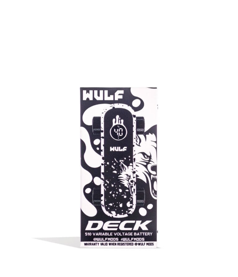 White Black Spatter Wulf Mods Deck Skateboard Voltage Battery 9pk Packaging Down View on White Background