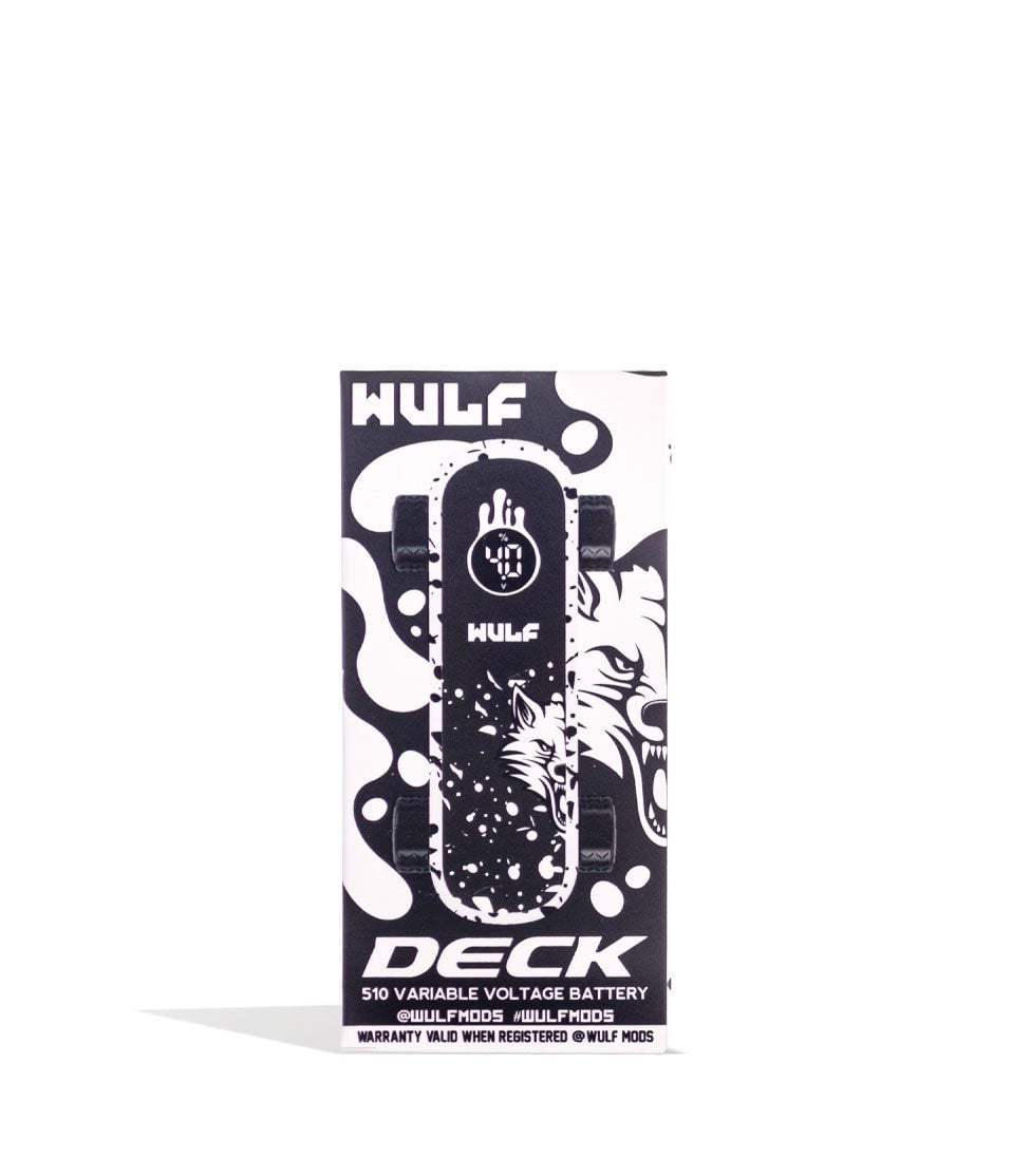 White Black Spatter Wulf Mods Deck Skateboard Voltage Battery 9pk Packaging Down View on White Background