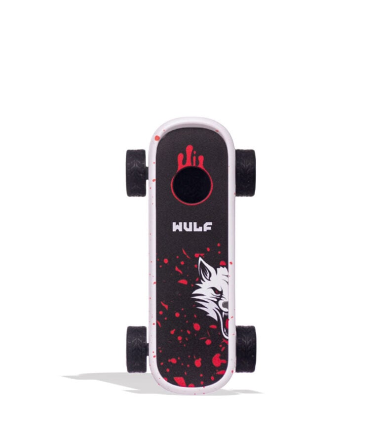 White Red Spatter Wulf Mods Deck Skateboard Voltage Battery 9pk Front View on White Background