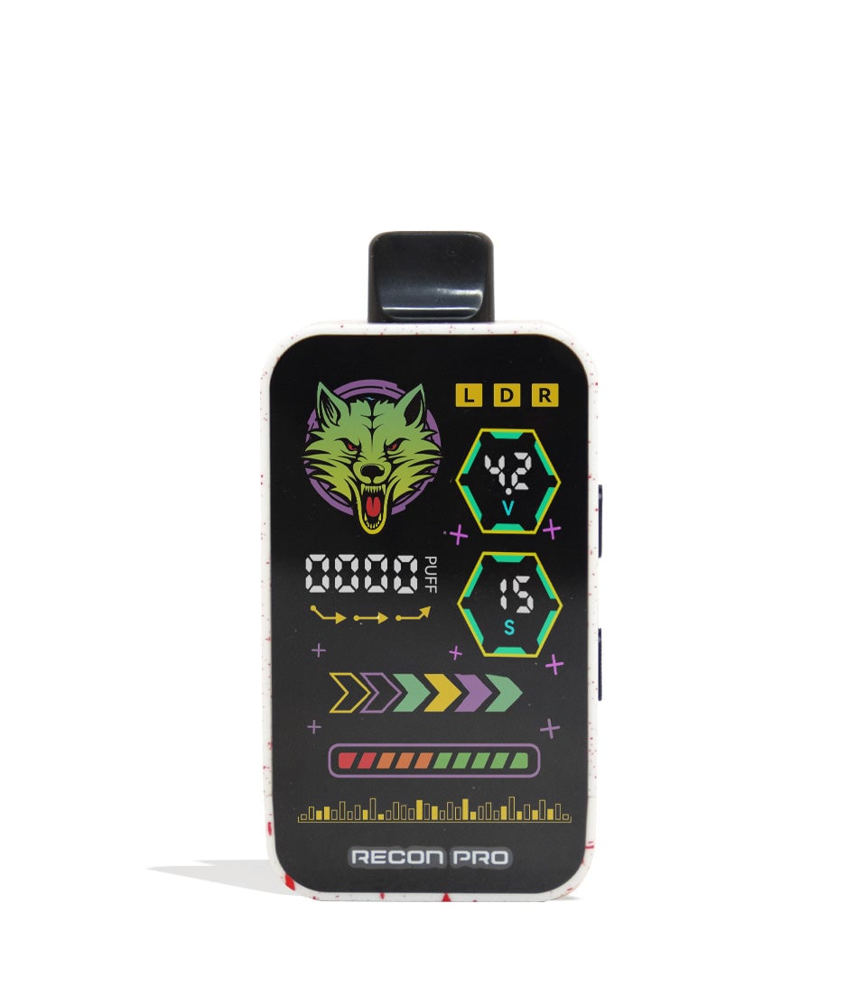 White Red Spatter Wulf Mods Recon Pro Dual 510 Voltage Battery 9pk Front View on White Background