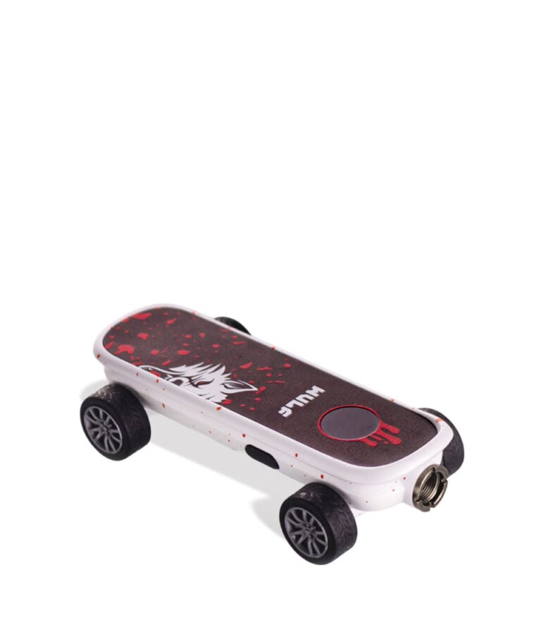 White Red Spatter Wulf Mods Deck Skateboard Voltage Battery 9pk Down View on White Background