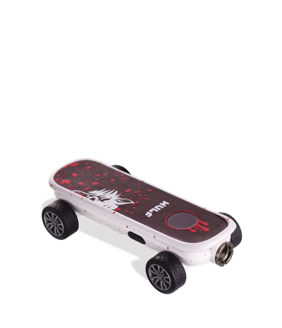 White Red Spatter Wulf Mods Deck Skateboard Voltage Battery 9pk Down View on White Background