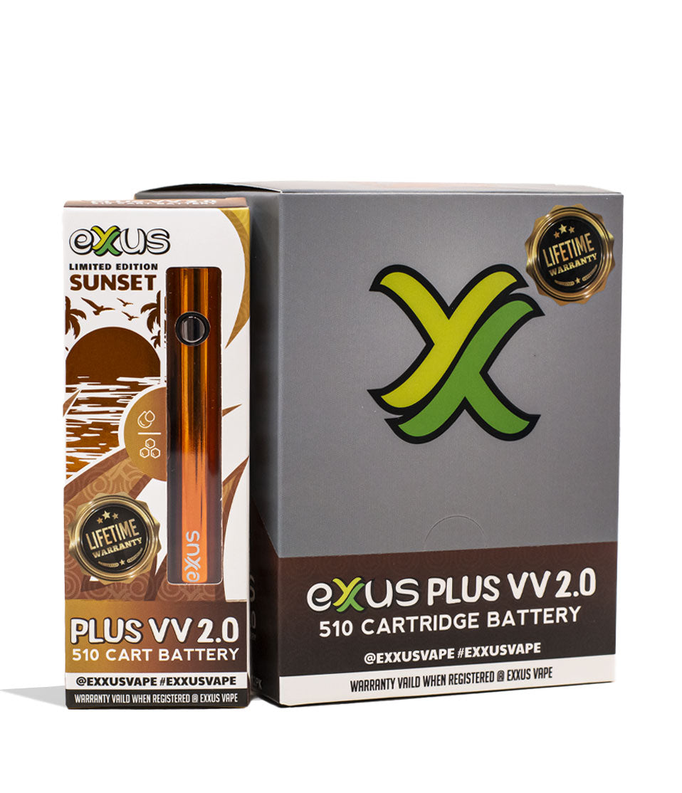Sunset Exxus Vape Plus VV 2.0 510 Thread Battery 12pk Packaging Front View on White Background