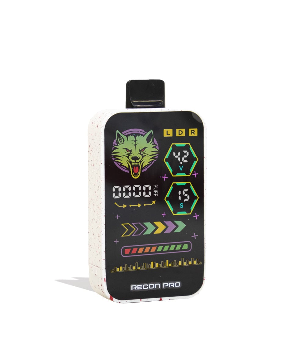 White Red Spatter Wulf Mods Recon Pro Dual 510 Voltage Battery 9pk Angle View on White Background