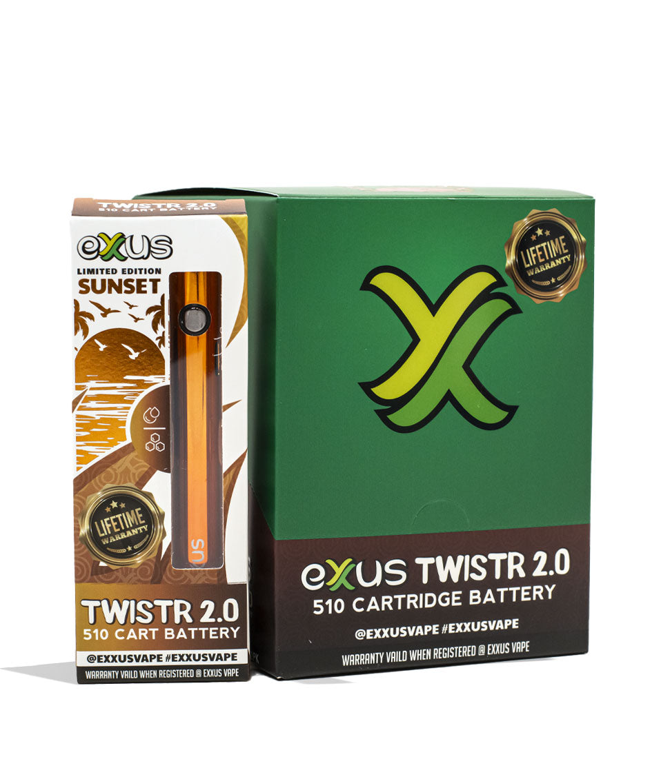 Sunset Exxus Vape Twistr 2.0 510 Thread Battery 12pk Packaging Front View on White Background
