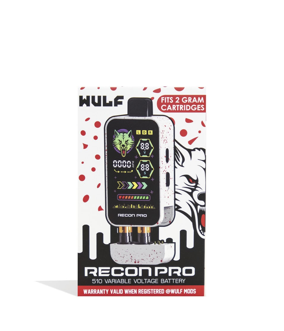 White Red Spatter Wulf Mods Recon Pro Dual 510 Voltage Battery 9pk Packaging Front View on White Background