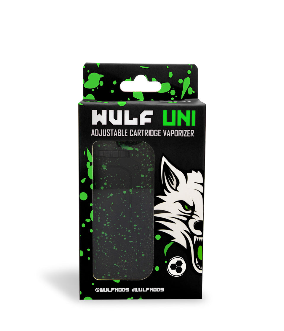 Black Green Spatter box front view Wulf Mods UNI Adjustable 510 Thread Battery on white studio background