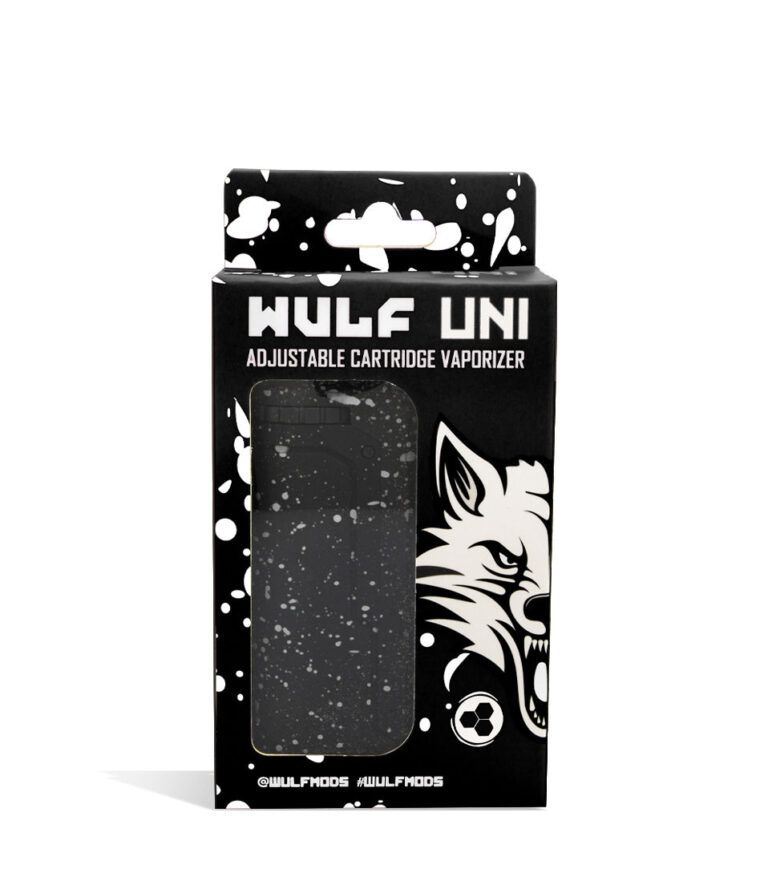 Black White Spatter Box front view Wulf Mods UNI Adjustable 510 Thread Battery on white studio background