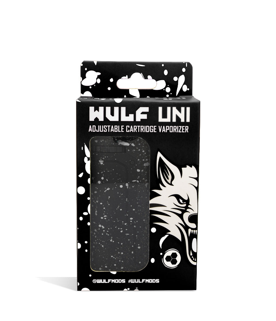 Black White Spatter Box front view Wulf Mods UNI Adjustable 510 Thread Battery on white studio background