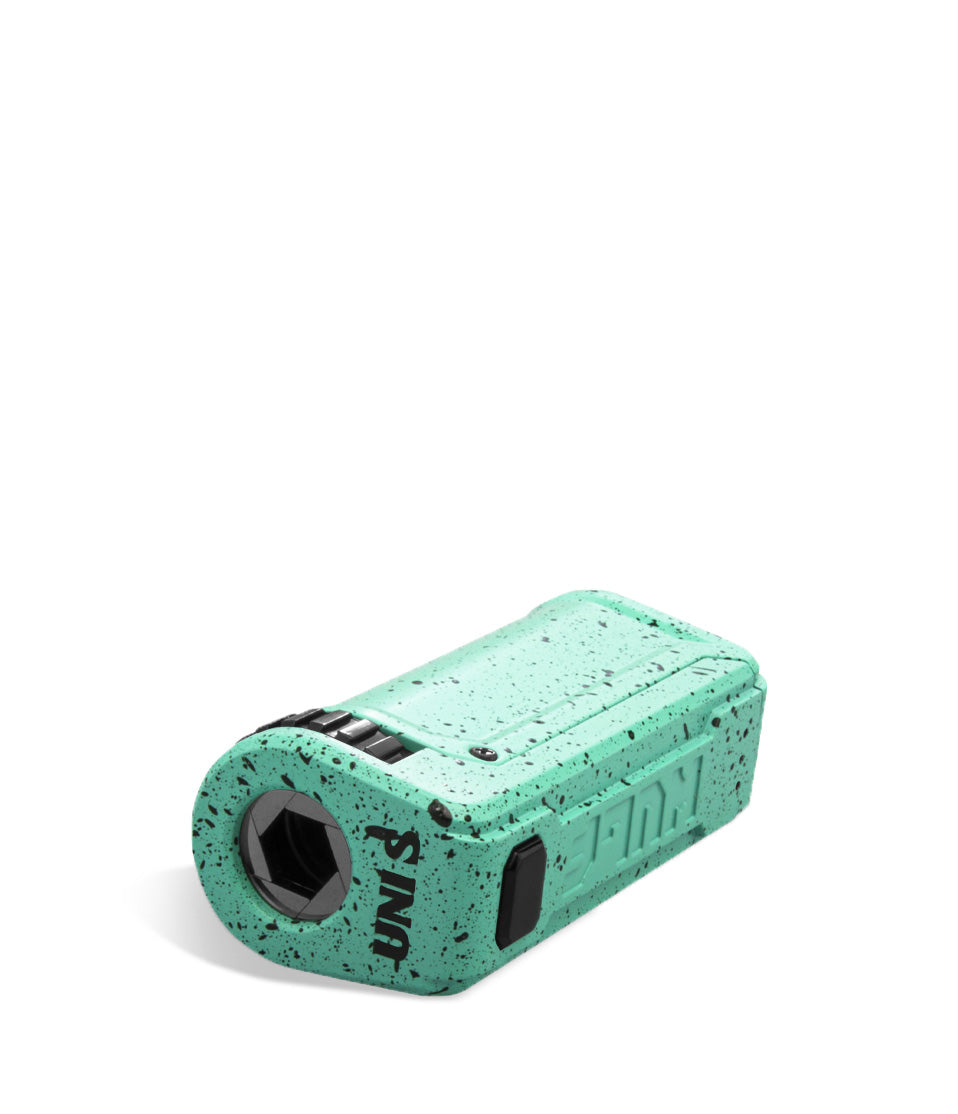 Teal Black Spatter Top Wulf Mods UNI S Adjustable 510 Thread Battery on white background