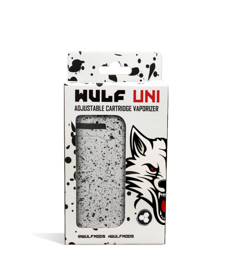 White Black Spatter Box front view Wulf Mods UNI Adjustable 510 Thread Battery on white studio background