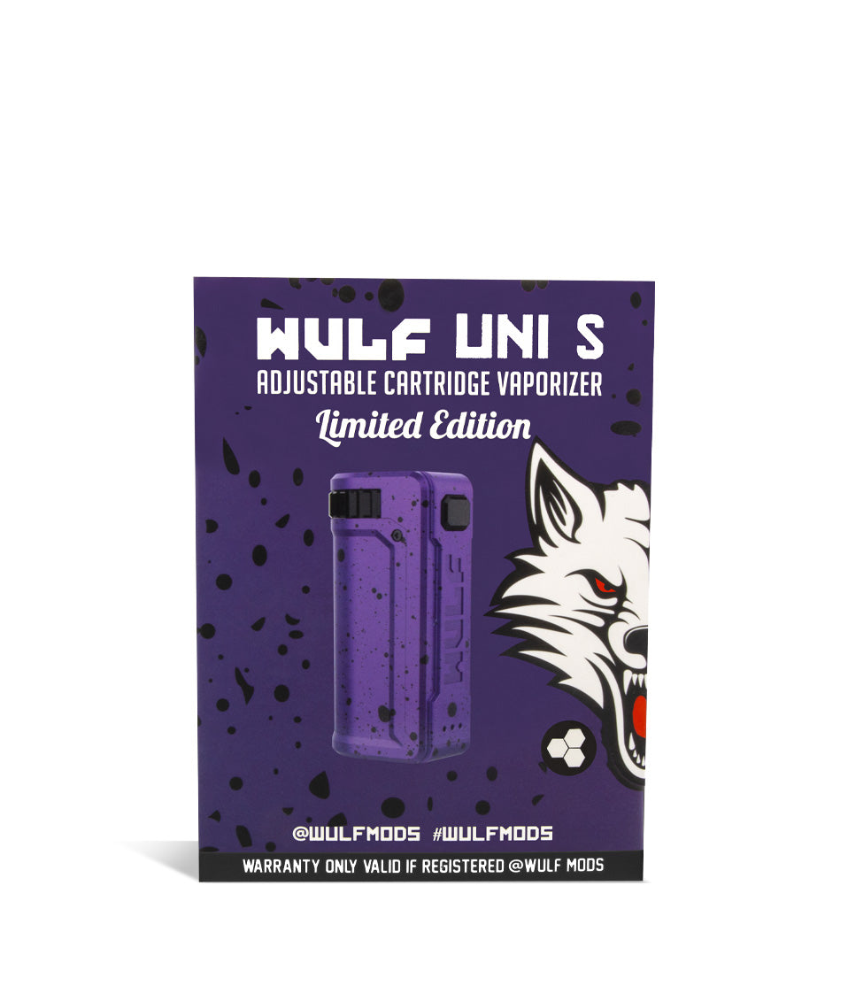 Purple Black Spatter Box Wulf Mods UNI S Adjustable 510 Thread Battery on white studio background