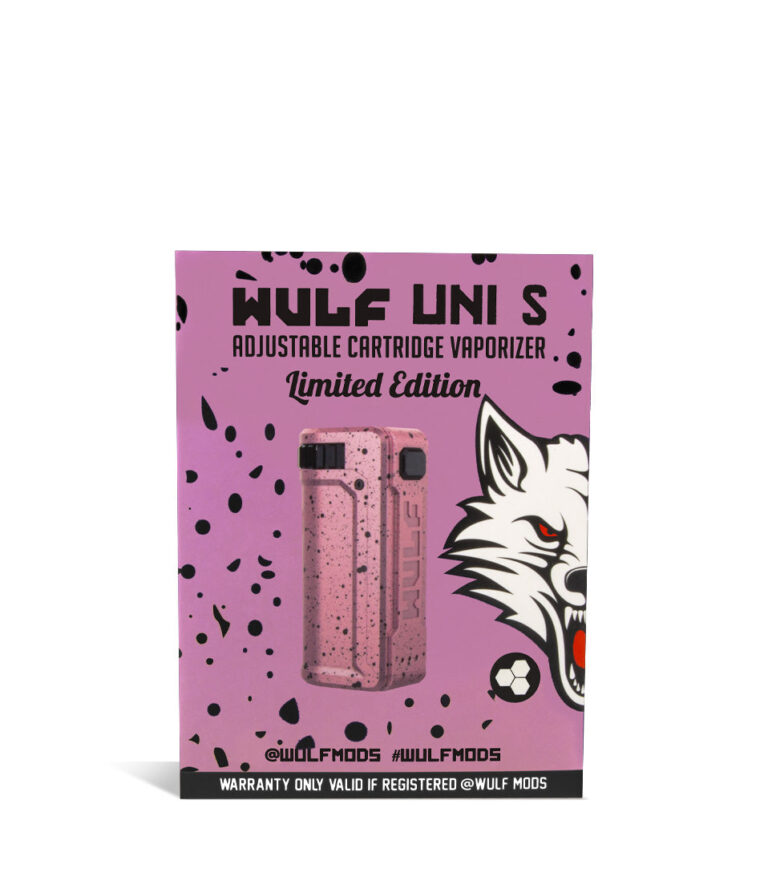 Pink Black Spatter Box Wulf Mods UNI S Adjustable 510 Thread Battery on white studio background