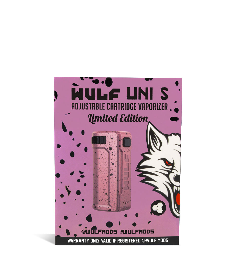 Pink Black Spatter Box Wulf Mods UNI S Adjustable 510 Thread Battery on white studio background