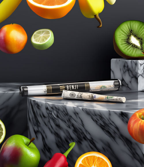 Benji OG Papers on marble display with fruits and vegetables falling