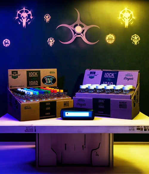Biohazard products on white display table with black wall with biohazard symbols behind