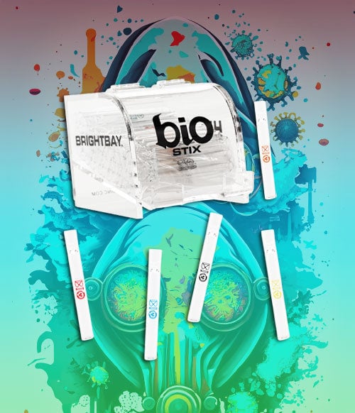 Biohazard glass products on retro biohazard themed colorful background