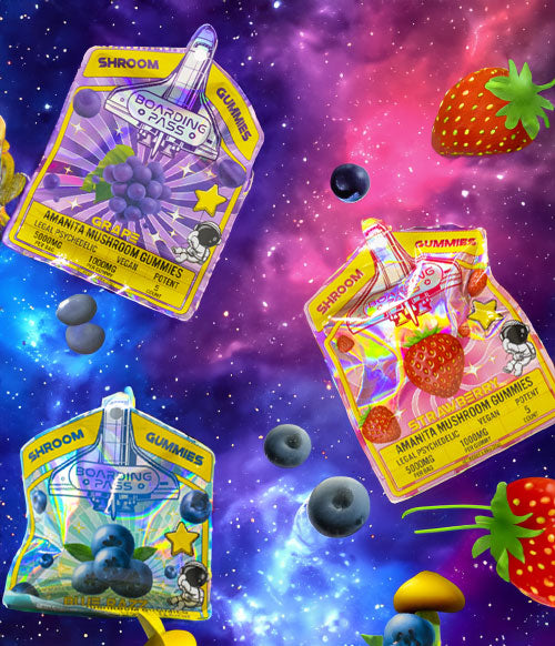 Boarding Pass floating in space with fruit