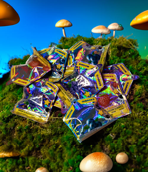 Boarding Pass on top of green hillside with mushrooms