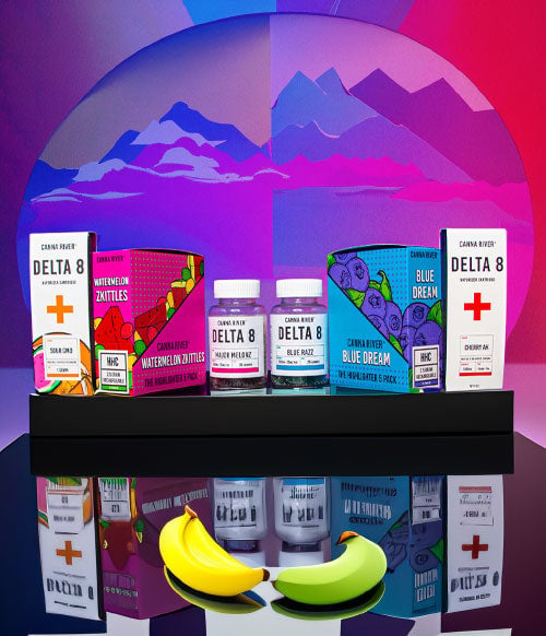 Canna River products on dark table with pink and blue retro wall art and bananas in front