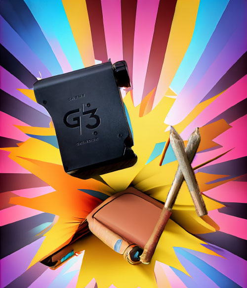 Chewy G3 grinders and joints on retro art background
