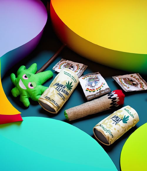 Dooby's Dog Toys resting on fun and colorful display