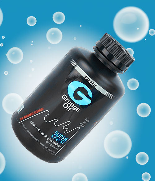 Grunge Off blue gradient background with soap suds and bubbles surrounding