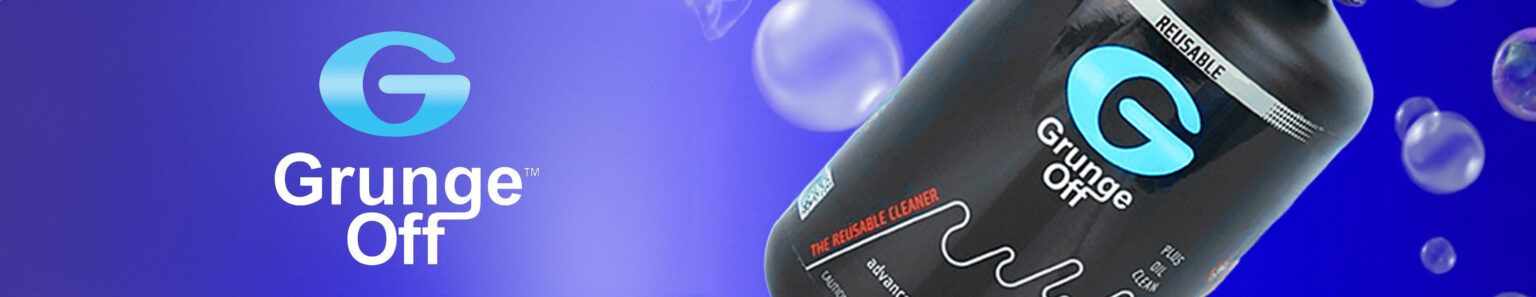 Grunge Off bottle with blue bubbles with logo