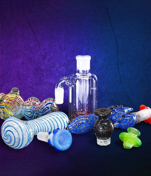 GV Glass Distro diverse glass products on textured purple blue background