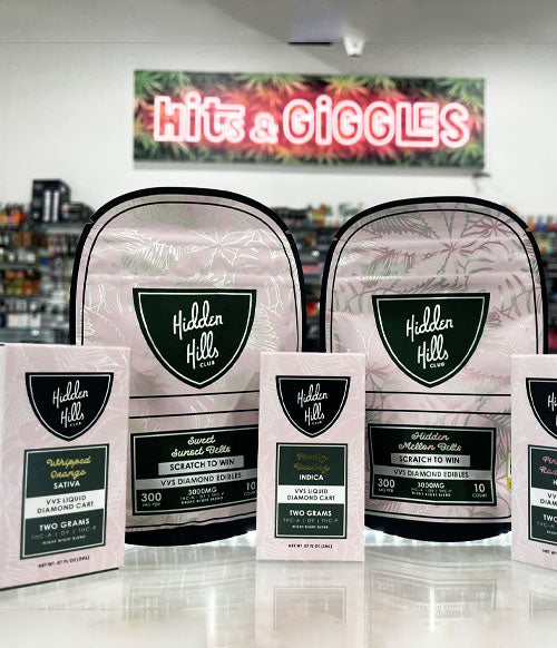 Hidden Hills products standing on glass shelf