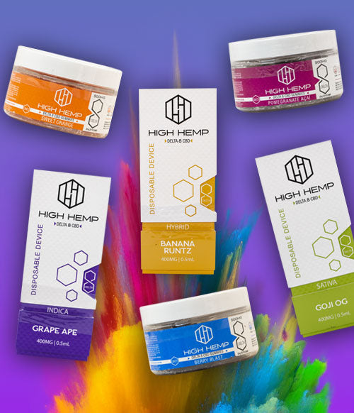 High Hemp products on paint splash background