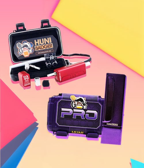 Huni Badger products on retro colorful background
