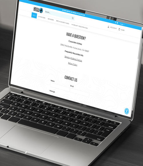 laptop on desk with Sutra Vape customer contact page on screen