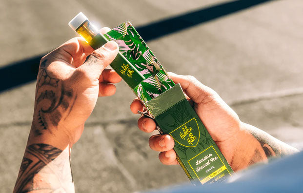 Man holding Hidden Hills disposable open and unwrapped under natural lighting