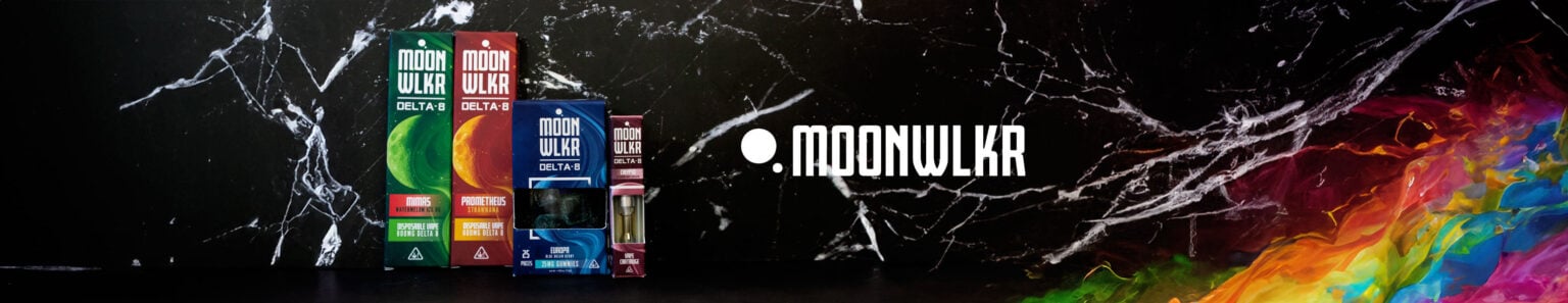 Moonwlkr products standing against black lightning background with rainbow in the corner