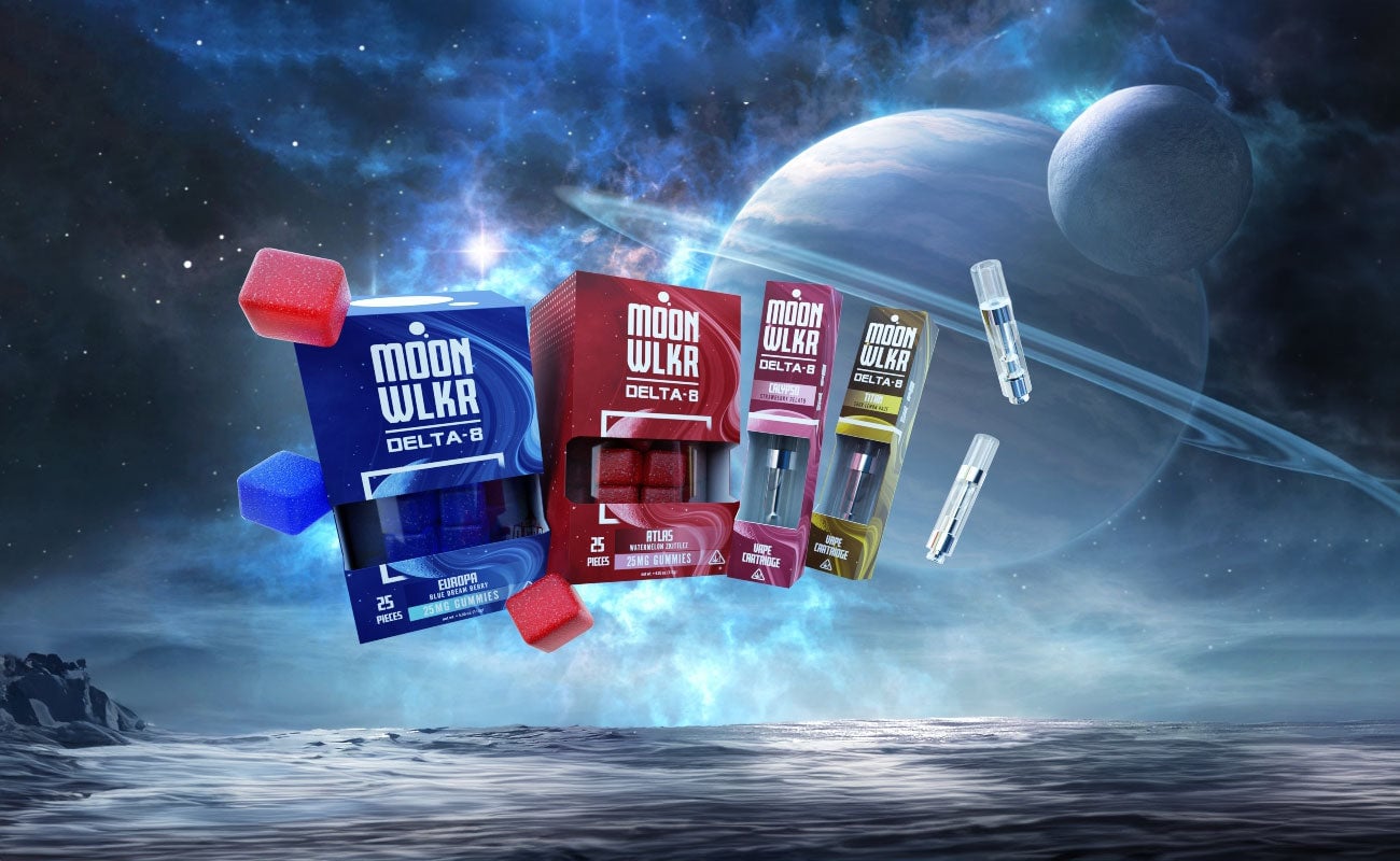 Moonwlkr Products in Space floating above moon