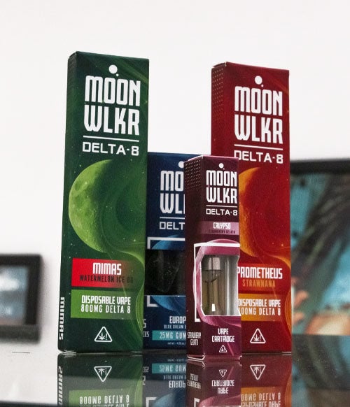 Moonwlkr Products standing on reflective glass display