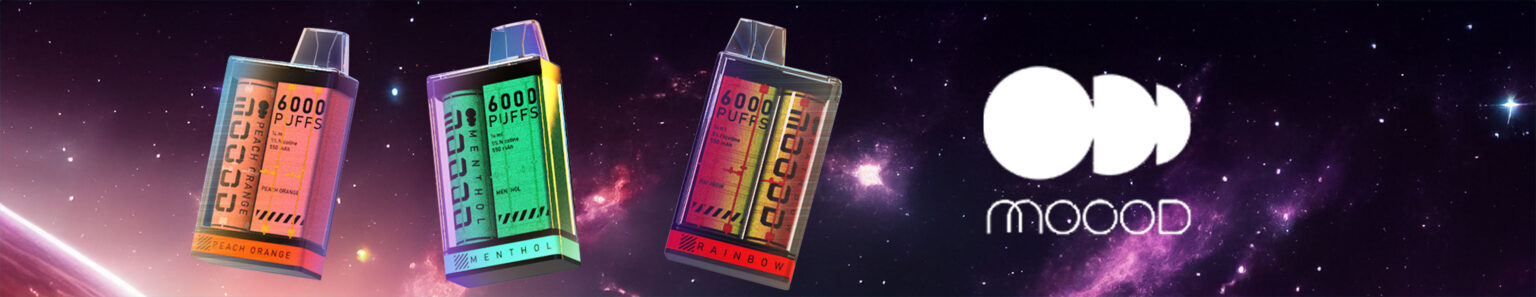 Moood logo with disposables in front of outer space background