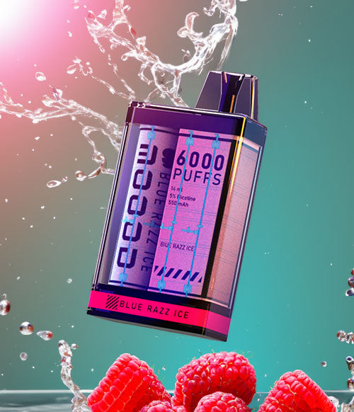 Moood Disposable floating with raspberries and water on dark green background