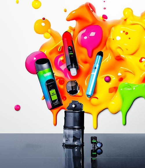 Ooze products falling on white background with slime behind