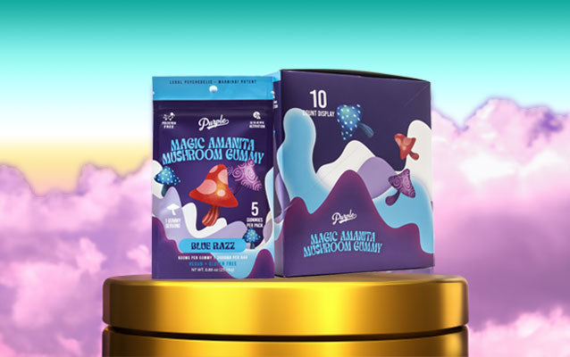 Purple Mushroom Gummies on gold platform with pink clouds and blue skies