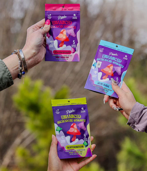 people holding Purple Mushroom Gummies packs outside while hiking