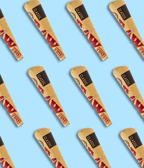 RAW Cones lined up in a pattern on blue background