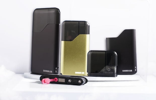 Suorin products on cloudy white display platform