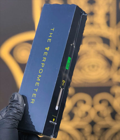 man holding the Terpometer packaing with design in background