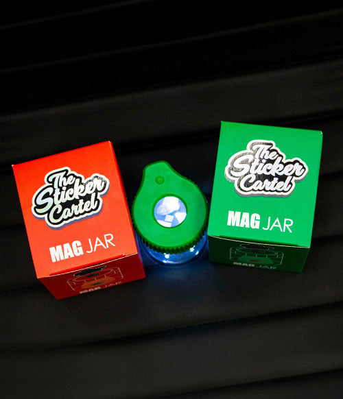 above view of The Sticker Cartel Mag Jar on black background