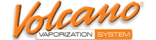 Volcano vaporization system logo with orange text on a white background